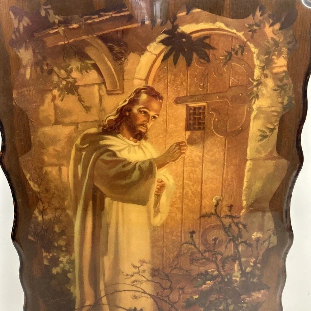 Vintage 1944 Signed MCM‎ Jesus Knocking Door Wall Plaque Religious Art Litho USA
